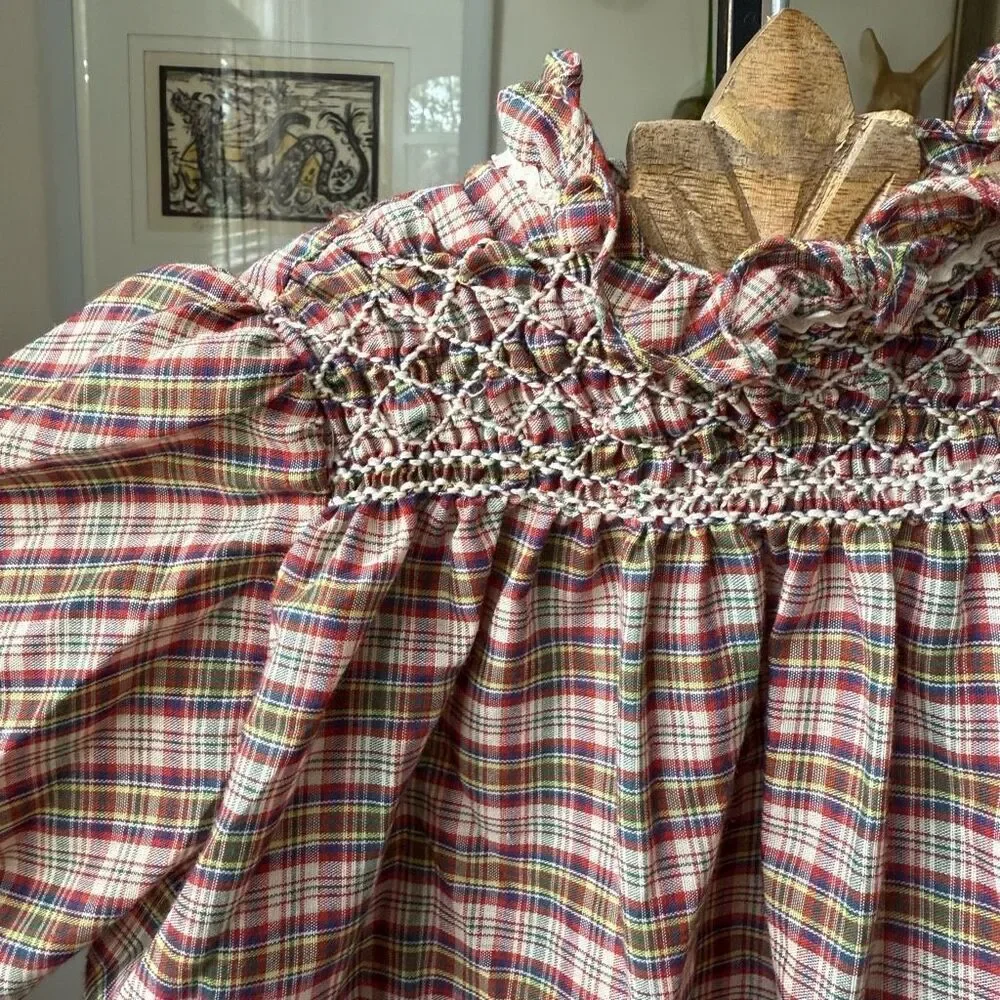 Vintage Polly Flinders Plaid Smocked Long Sleeve Dress 3T